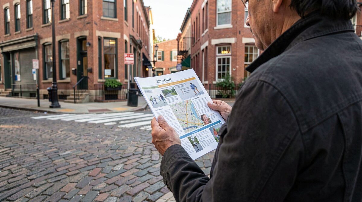 A visitor consulting a printed city walking guide at a cobblestone street corner in Old City Philadelphia, morning light, low-angle framing of brick facades behind