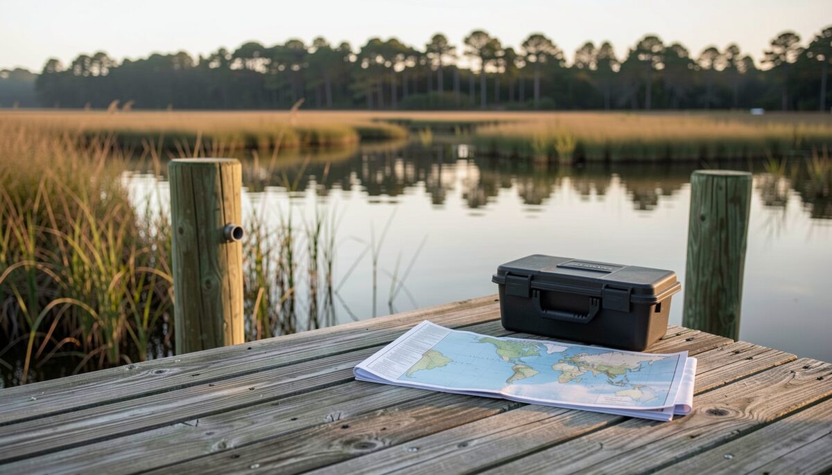 A weathered wooden dock on a Chesapeake tributary at first light, a closed tackle box and folded nautical chart resting on a piling, calm water reflecting marsh grass and a distant line of pine trees.
