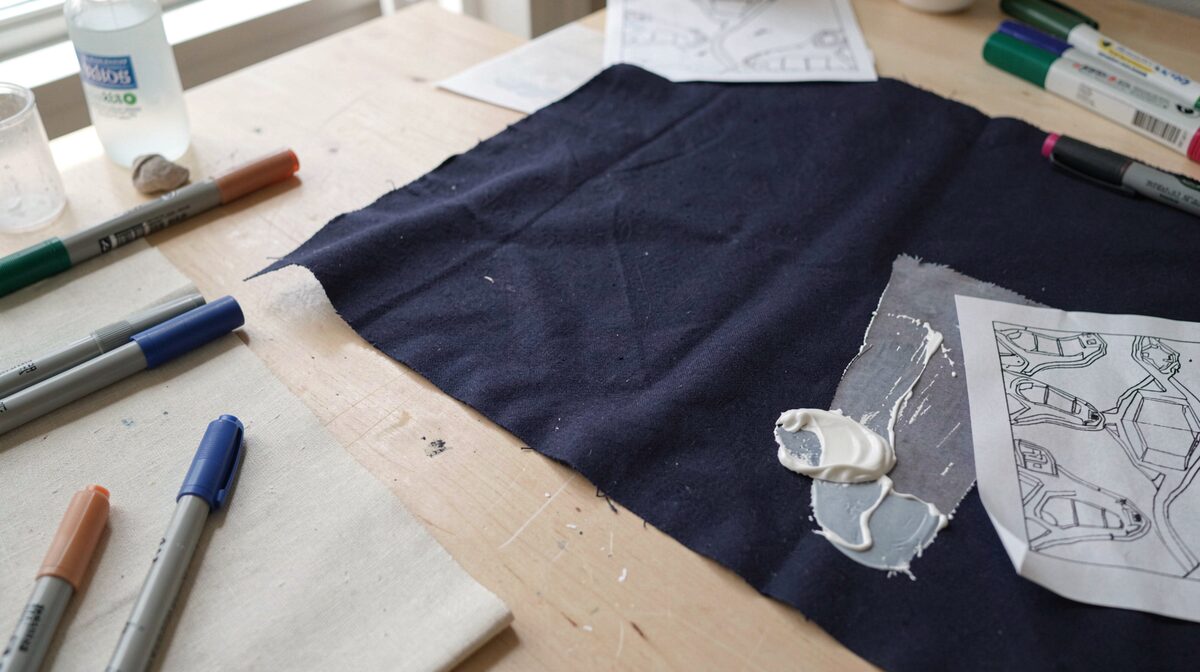 A well-lit craft table with a stretched piece of dark navy fabric, a white base coat partially applied, textile pens and a traced pattern nearby, photographed in natural daylight from above.