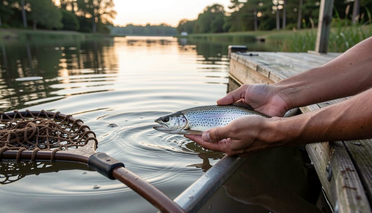 A calm Chesapeake creek at first light with a small skiff moored at a weathered wooden dock, wet hands cradling a released striped bass just below the surface, ripples circling outward, a knotless rubber landing net resting on the deck nearby.