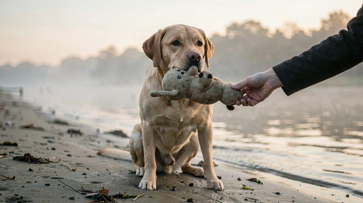 A Labrador retriever sitting calmly on a misty Chesapeake shoreline at dawn, holding a training dummy in a soft mouth, handler's hand reaching to receive it, framed low from water level.