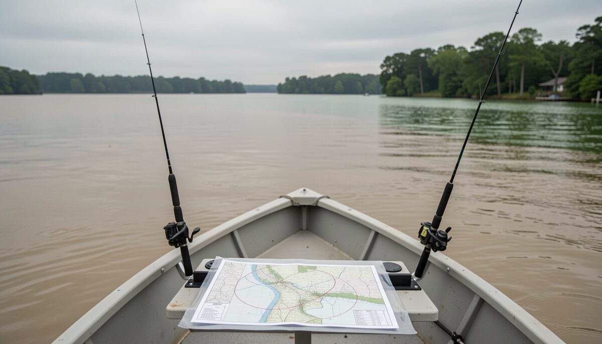 A small skiff anchored on a broad, flat Chesapeake tributary on a still overcast morning, two rods in holders, a paper chart under a clear plastic sleeve on the console with pencil marks circling two tributary mouths, tea-colored water shading to green toward the opposite shore.