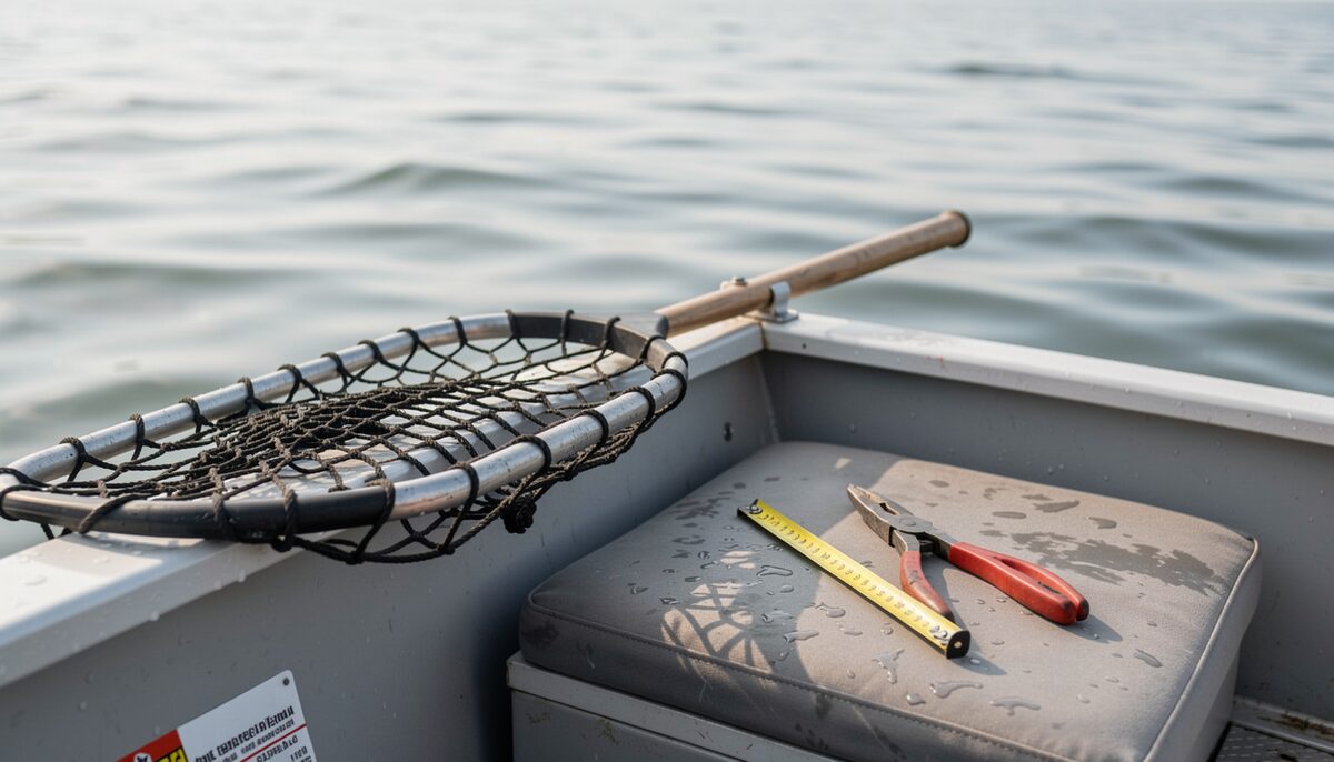 Close-up photograph of a wet rubber landing net resting on the gunwale of a small open boat on a calm bay, with a flexible measuring tape and a pair of release pliers laid out neatly on a damp boat cushion nearby, and open water in the background.