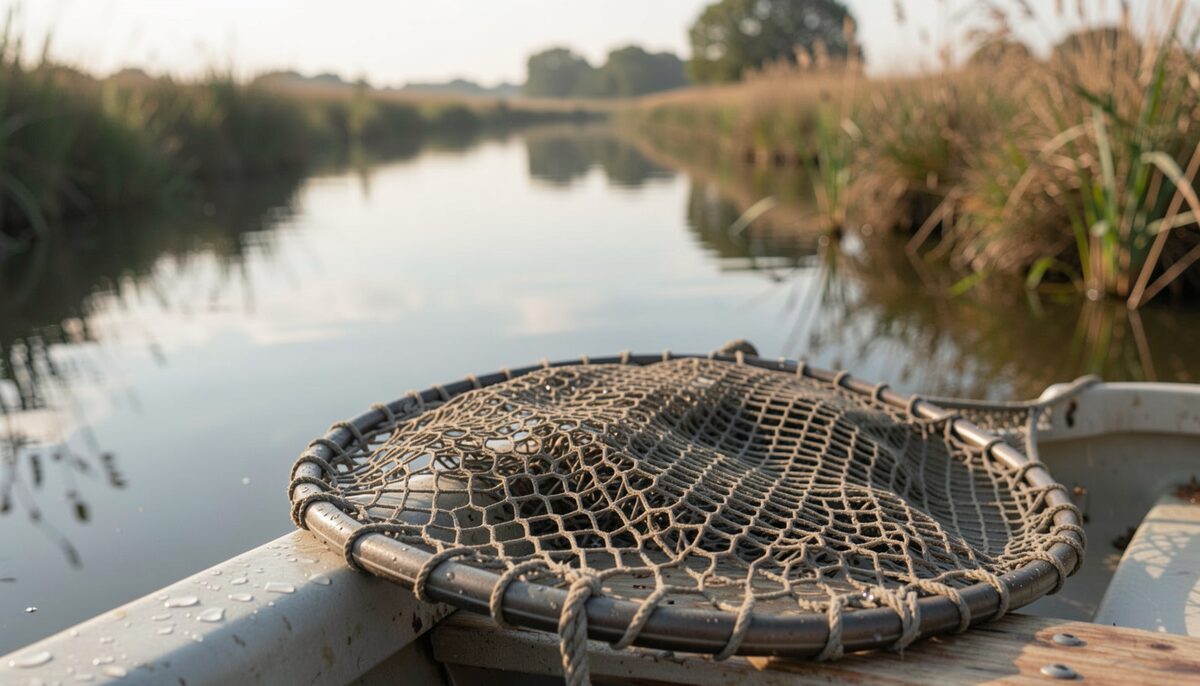 A close-up photograph of a wet knotless rubber landing net resting on the gunwale of a small boat, water droplets beading on the soft mesh, with a calm tidal creek reflected behind it in soft morning light.