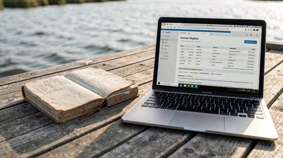 A weathered tide logbook and a laptop open to a domain registry lookup page, side by side on a wooden dock table in soft morning light.