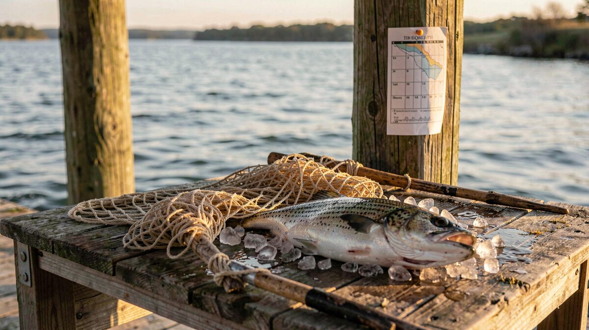 A weathered dockside cleaning table at golden hour with a wet knotless net, a whole striped bass on ice, and a tide chart tacked to a post, shot low and close over the water.