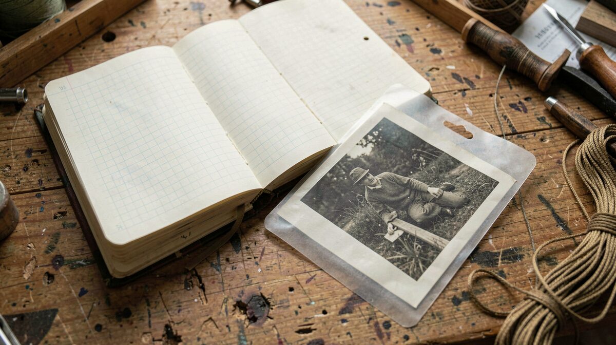 A wooden workbench by a window with soft morning light, an open field notebook, a vintage photograph in an archival sleeve, and a coiled fishing line, framed as a close overhead shot.