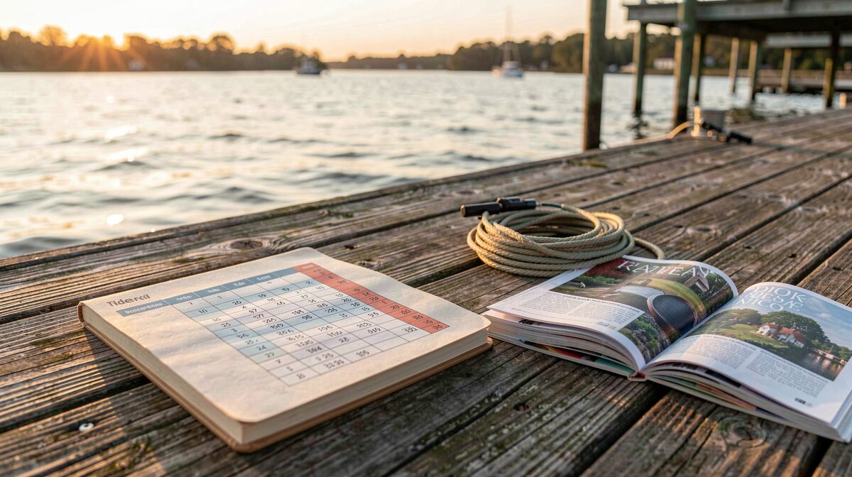 A wooden dock on the Chesapeake Bay at golden hour, with a tide table, a notebook, and a small stack of printed magazines laid open beside a coiled fishing line, shot in close framing with warm side light.