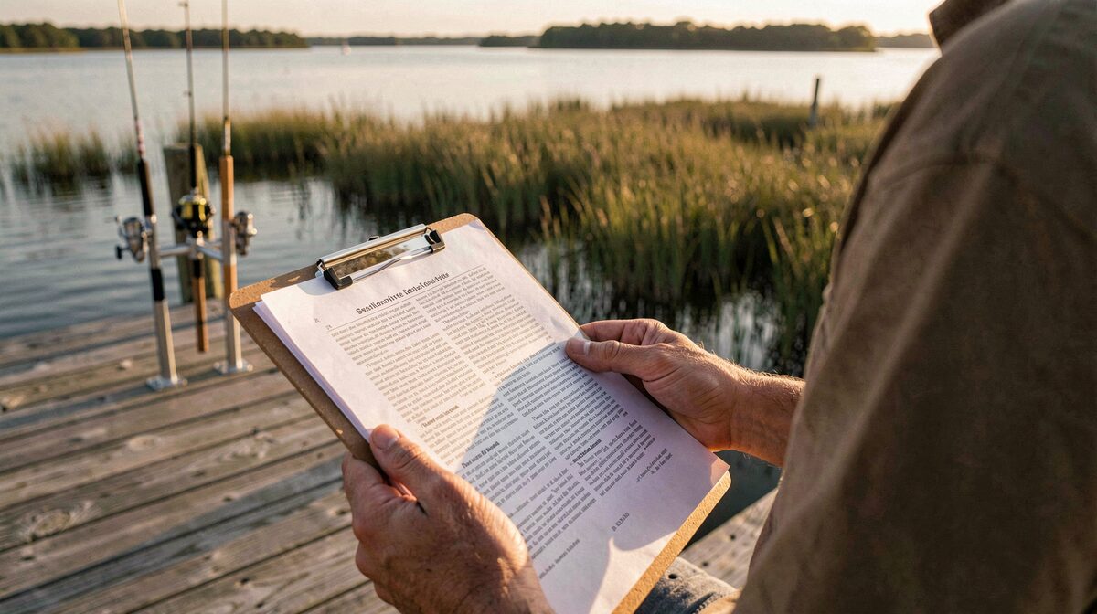 A fishing reader on a bay pier at golden hour, reading a printed article on a clipboard beside rod holders, calm water behind.